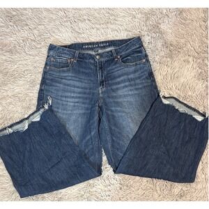 American Eagle Wide Leg Stretch Jeans Womens 10 Regular Medium Wash Raw Hem Blue